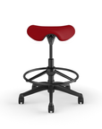 Front view of a Humanscale Pony Stool with 20" foot ring, red fabric saddle seat and graphite frame. Kansas City Office Design.
