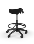 Side view of a Humanscale Pony Stool with 20" foot ring, wipeable Lotus Black fabric saddle seat and graphite frame. Kansas City Office Design.
