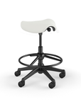 Side view of a Humanscale Pony Stool with 20" foot ring, wipeable Lotus white fabric saddle seat and graphite frame. Kansas City Office Design.
