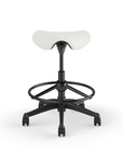 Front view of a Humanscale Pony Stool with 20" foot ring, wipeable Lotus white fabric saddle seat and graphite frame. Kansas City Office Design.