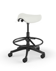 Back view of a Humanscale Pony Stool with 20" foot ring, wipeable Lotus white fabric saddle seat and graphite frame. Kansas City Office Design.