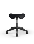 Front view of a Humanscale Pony Stool with 5" standard cylinder, black fabric saddle seat and graphite frame. Kansas City Office Design.