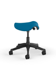 Side view of a Humanscale Pony Stool with 5" standard cylinder, peacock blue fabric saddle seat and graphite frame. Kansas City Office Design.