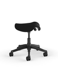 Side view of a Humanscale Pony Stool with 5" standard cylinder, wipeable lotus black fabric saddle seat and graphite frame. Kansas City Office Design.