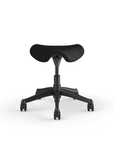 Front view of a Humanscale Pony Stool with 5" standard cylinder, wipeable lotus black fabric saddle seat and graphite frame. Kansas City Office Design.