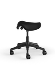 Back view of a Humanscale Pony Stool with 5" standard cylinder, wipeable lotus black fabric saddle seat and graphite frame. Kansas City Office Design.
