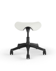 Front view of a Humanscale Pony Stool with 5" standard cylinder, wipeable lotus white fabric saddle seat and graphite frame. Kansas City Office Design.