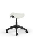 Back view of a Humanscale Pony Stool with 5" standard cylinder, wipeable lotus white fabric saddle seat and graphite frame. Kansas City Office Design.