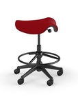 Side view of a Humanscale Saddle Stool with 20" stool ring, red fabric saddle seat and graphite frame. Kansas City Office Design.