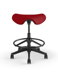 Front view of a Humanscale Saddle Stool with 20" stool ring, red fabric saddle seat and graphite frame. Kansas City Office Design.