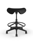 Front view of a Humanscale Saddle Stool with 20" stool ring, wipeable lotus black fabric saddle seat and graphite frame. Kansas City Office Design.