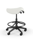 Side view of a Humanscale Saddle Stool with 20" stool ring, wipeable lotus white fabric saddle seat and graphite frame. Kansas City Office Design.