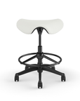Front view of a Humanscale Saddle Stool with 20" stool ring, wipeable lotus white fabric saddle seat and graphite frame. Kansas City Office Design.