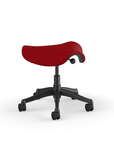 Side view of a Humanscale Saddle Stool with 5" standard cylinder, red fabric saddle seat and graphite frame. Kansas City Office Design.