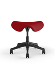 Front view of a Humanscale Saddle Stool with 5" standard cylinder, red fabric saddle seat and graphite frame. Kansas City Office Design.