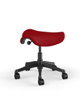Back view of a Humanscale Saddle Stool with 5" standard cylinder, red fabric saddle seat and graphite frame. Kansas City Office Design.
