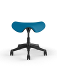 Front view of a Humanscale Saddle Stool with 5" standard cylinder, peacock blue fabric saddle seat and graphite frame. Kansas City Office Design.