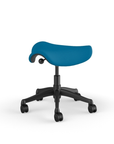 Back view of a Humanscale Saddle Stool with 5" standard cylinder, peacock blue fabric saddle seat and graphite frame. Kansas City Office Design.