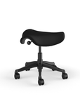 Back view of a Humanscale Saddle Stool with 5" standard cylinder, wipeable lotus black fabric saddle seat and graphite frame. Kansas City Office Design.