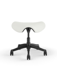 Front view of a Humanscale Saddle Stool with 5" standard cylinder, wipeable lotus white fabric saddle seat and graphite frame. Kansas City Office Design.