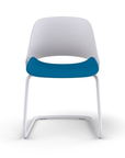 Front view of a Humanscale Trea Chair with cantilever guest chair base and glides. In white finish with a peacock fabric padded seat. Kansas City Office Furniture.
