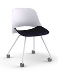 Side view of a Humanscale Trea Chair with four leg guest chair with casters. In white finish with a black fabric padded seat. Kansas City Office Furniture.