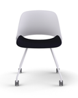 Front view of a Humanscale Trea Chair with four leg guest chair with casters. In white finish with a black fabric padded seat. Kansas City Office Furniture.