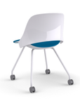 Back view of a Humanscale Trea Chair with four leg guest chair base and casters. In white finish with a peacock fabric padded seat. Kansas City Office Furniture.