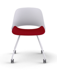 Front view of a Humanscale Trea Chair with four leg guest chair with casters. In white finish with a Parma Red fabric padded seat. Kansas City Office Furniture.