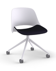 Side view of a Humanscale Trea Chair with four star base and casters. In white finish with a black fabric padded seat. Kansas City Office Furniture.