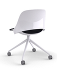 Back view of a Humanscale Trea Chair with four star base and casters. In white finish with a black fabric padded seat. Kansas City Office Furniture.