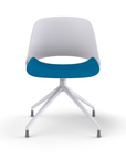 Front View of a Humanscale Trea Chair with four star chair base and glides. In white finish with a peacock fabric padded seat. Kansas City Office Furniture.