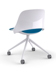 Back View of a Humanscale Trea Chair with four star chair base and casters. In white finish with a peacock fabric padded seat. Kansas City Office Furniture.