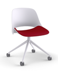 Side view of a Humanscale Trea Chair with four star chair with casters. In white finish with a Parma Red fabric padded seat. Kansas City Office Furniture.