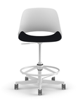 Front view of a Humanscale Trea Chair with stool with casters. In white finish with a black fabric padded seat. Kansas City Office Furniture.
