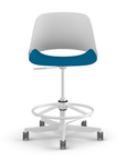 Front view of a Humanscale Trea Chair with stool base and casters. In white finish with a peacock fabric padded seat. Kansas City Office Furniture.