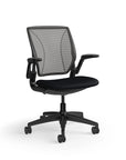 Humanscale World Chair with black mesh, Black frame, black fabric, side view. Kansas City Office Design