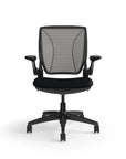 Humanscale World Chair with black mesh, Black frame, black fabric, front view. Kansas City Office Design