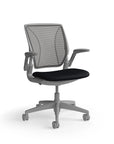 Humanscale World Chair with black mesh, gray frame, black fabric, side view. Kansas City Office Design