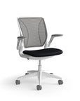 Humanscale World Chair with black mesh, white frame, black fabric, side view. Kansas City Office Design