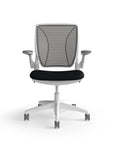 Humanscale World Chair with black mesh, white frame, black fabric, front view. Kansas City Office Design