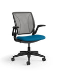 Humanscale World Chair with black mesh, black frame, peacock blue fabric, side view. Kansas City Office Design