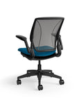 Humanscale World Chair with black mesh, black frame, peacock blue fabric, back view. Kansas City Office Design