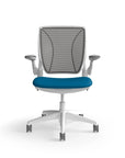 Humanscale World Chair with black mesh, white frame, peacock blue fabric, front view. Kansas City Office Design