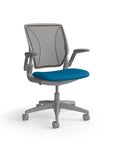 Humanscale World Chair with black mesh, grey frame, peacock blue fabric, side view. Kansas City Office Design