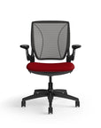 Humanscale World Chair with black mesh, black frame, Parma Red fabric seat, front view. Kansas City Office Design