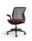 Humanscale World Chair with black mesh, black frame, Parma Red fabric seat, back view. Kansas City Office Design