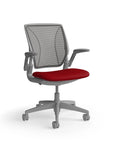 Humanscale World Chair with black mesh, gray frame, Parma Red fabric seat, side view. Kansas City Office Design