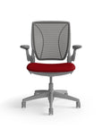 Humanscale World Chair with black mesh, gray frame, Parma Red fabric seat, front view. Kansas City Office Design