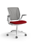 Humanscale World Chair with black mesh, white frame, Parma Red fabric seat, side view. Kansas City Office Design